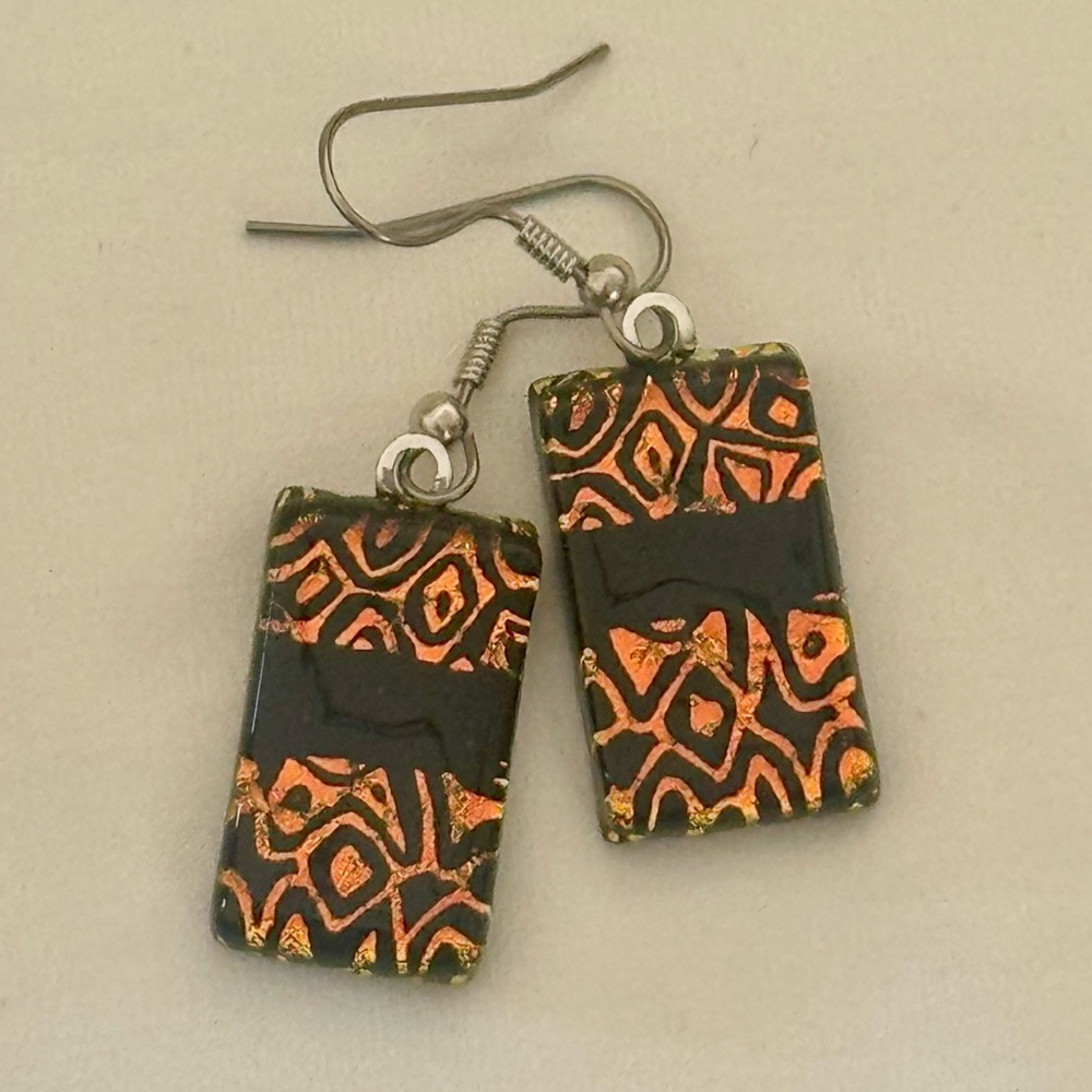 Artisan Glass Earrings Black & Copper Foil Rectangular Autumn Boho Chic